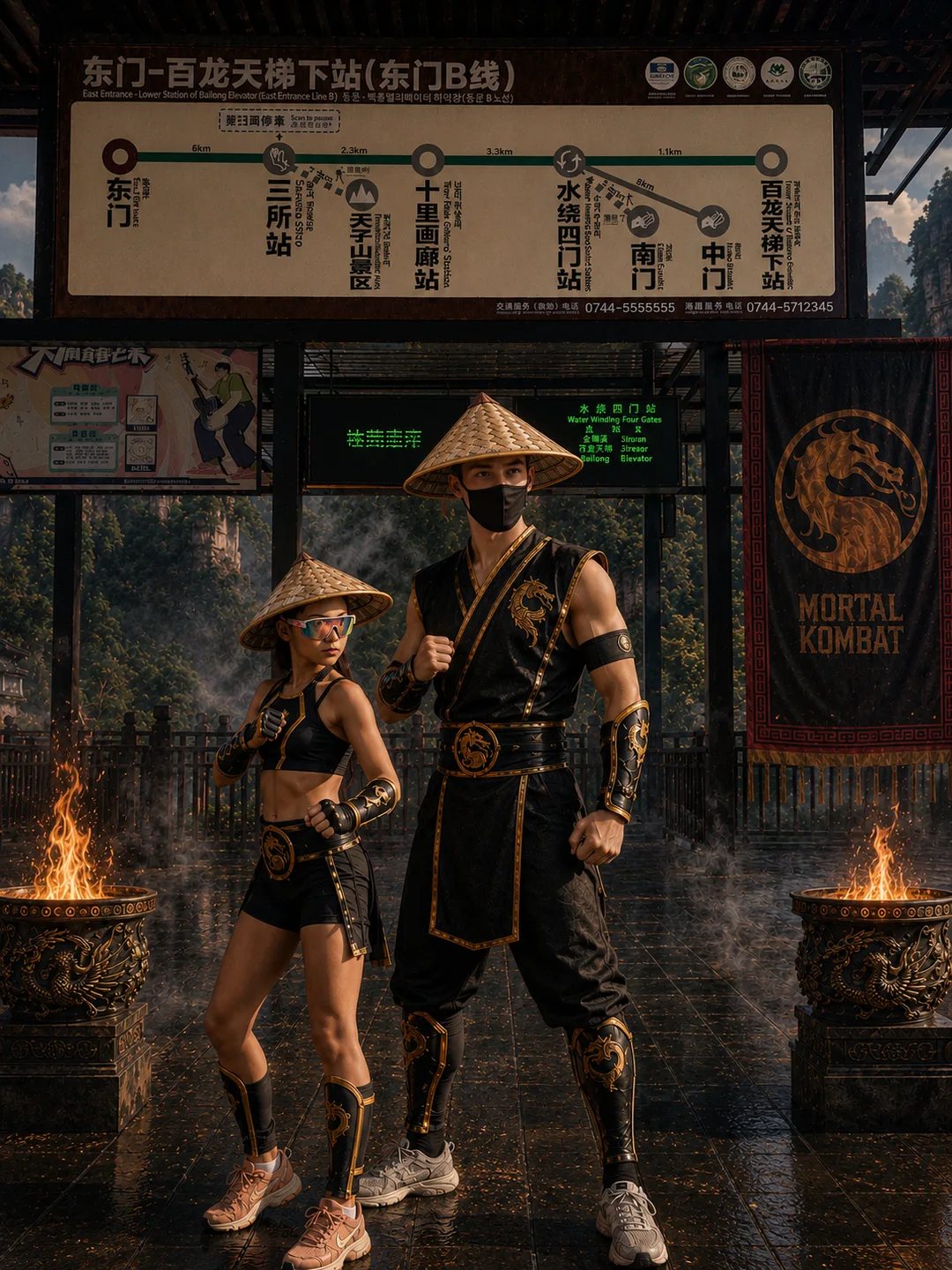Alexis et Emma en combattants façon Mortal Kombat devant la borne
