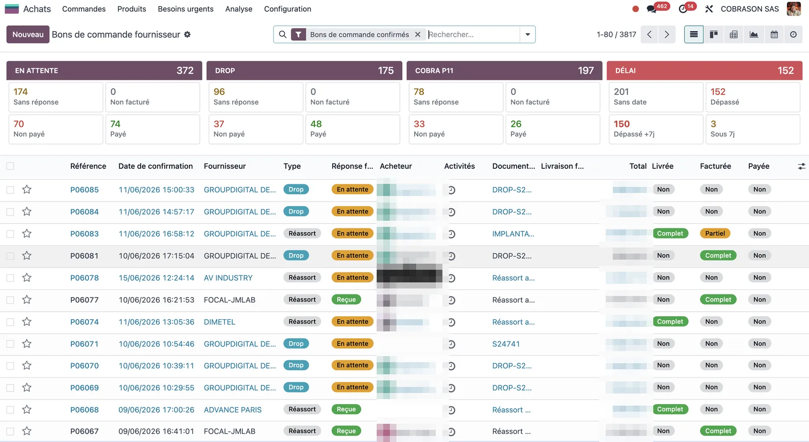Vue liste Odoo des bons de commande fournisseurs confirmés : tuiles En attente, Drop, Cobra, Délai avec compteurs Non payé / Payé, et colonnes Livrée / Facturée / Payée par commande