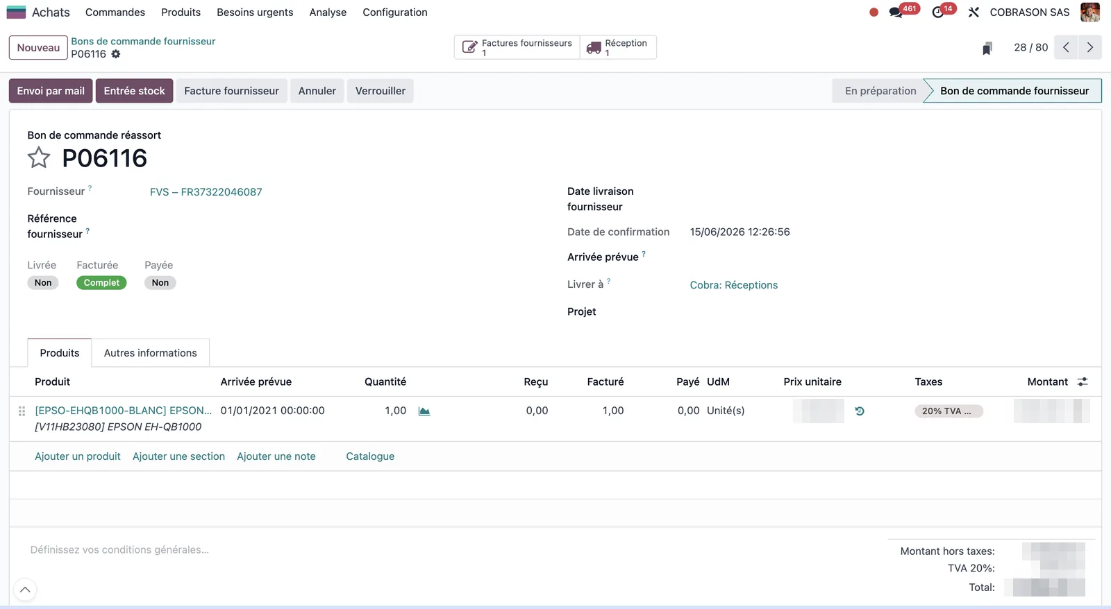 Détail d'une commande fournisseur Odoo (P06116) montrant les trois statuts Livrée, Facturée et Payée