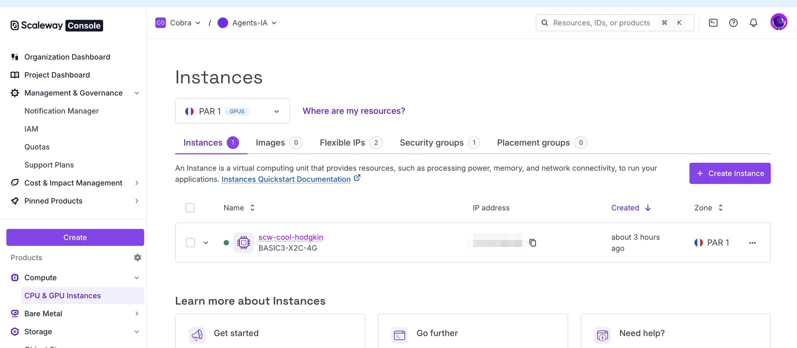 Console Scaleway, page Instances : l'instance scw-cool-hodgkin (BASIC3-X2C-4G) en marche dans la zone PAR 1 (Paris), projet Agents-IA de l'organisation Cobra