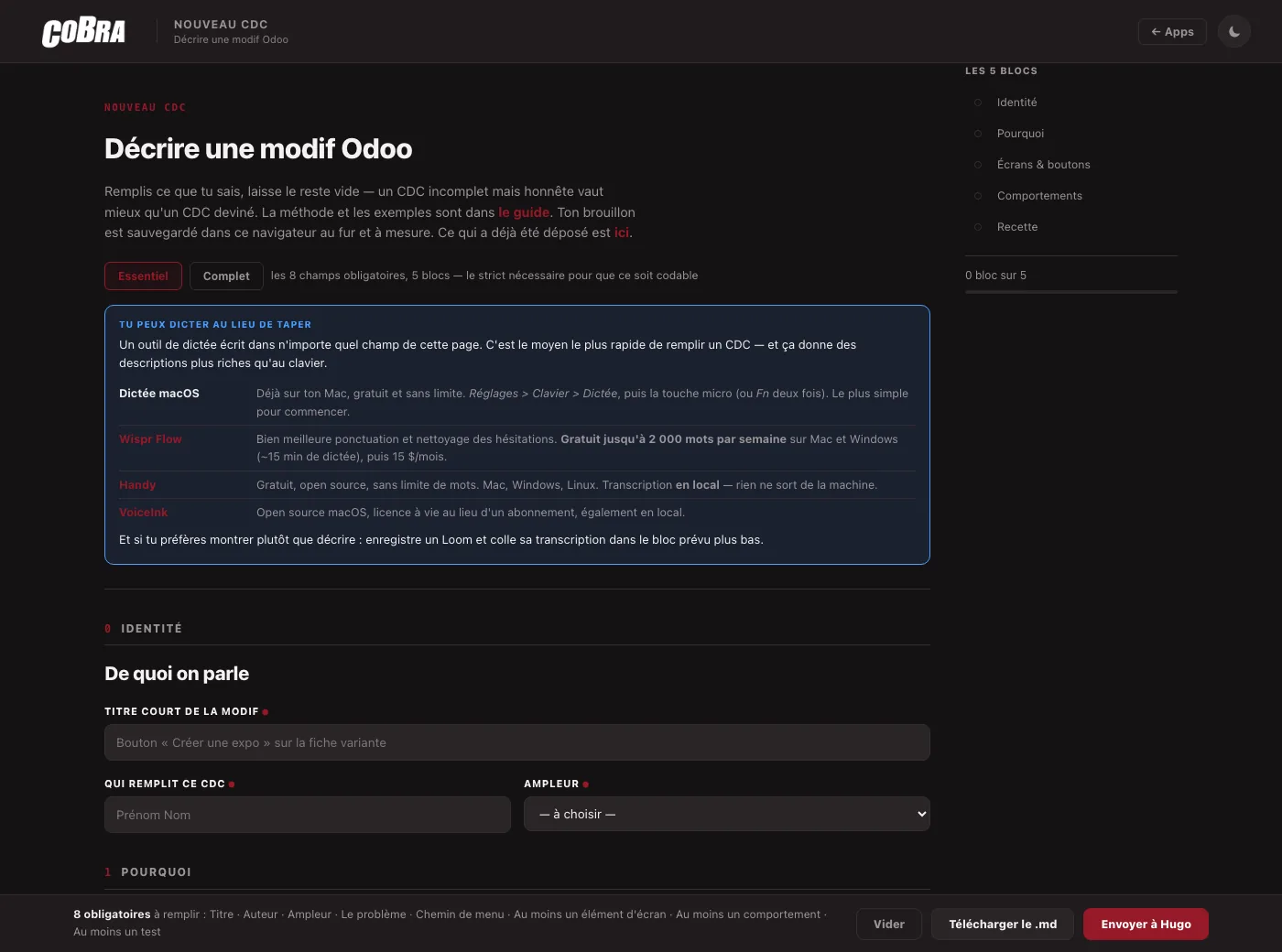 The submission form in Essential mode: 8 fields, dictation possible, a pill summary.