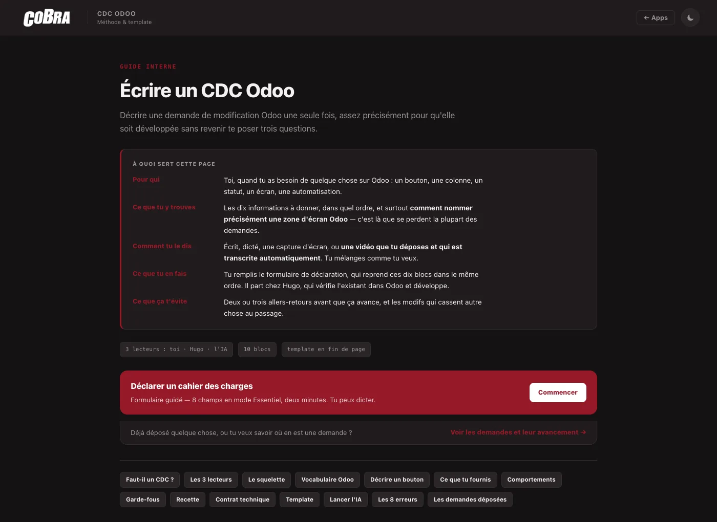 The method guide — what the page is for, and above all how to name an Odoo screen zone precisely.
