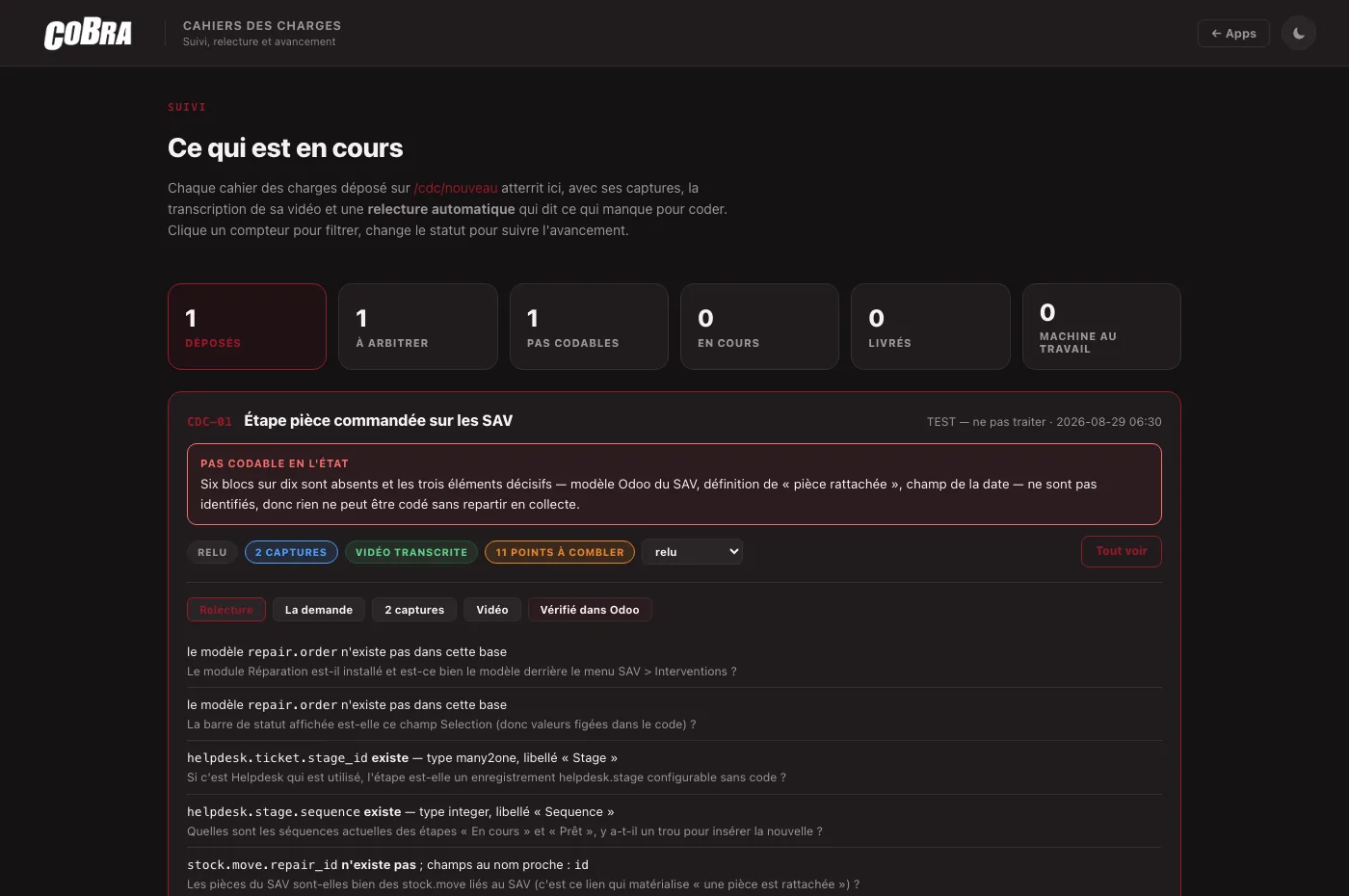 The mechanism: each question from the model set against the fact observed in the real Odoo database (read-only).