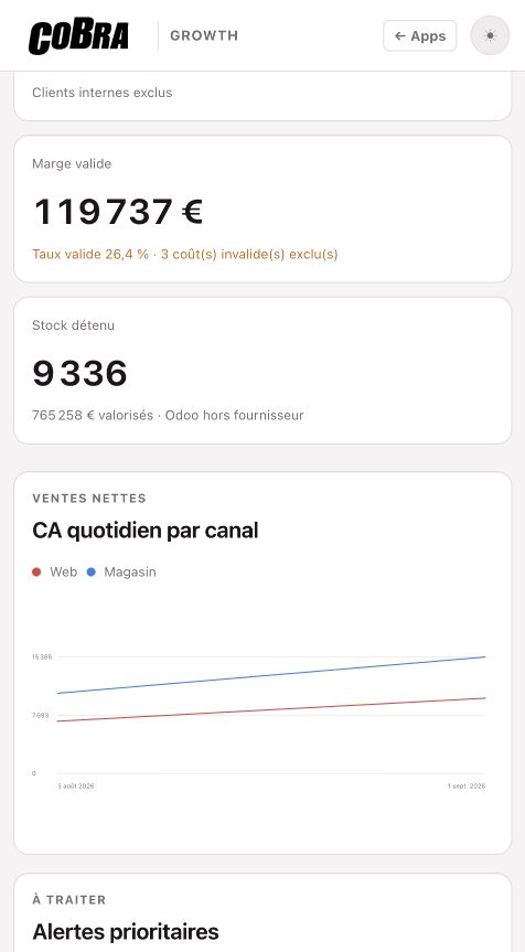 Exemple de vues de preuve Growth avec marge, stock et courbe de chiffre d'affaires fictifs