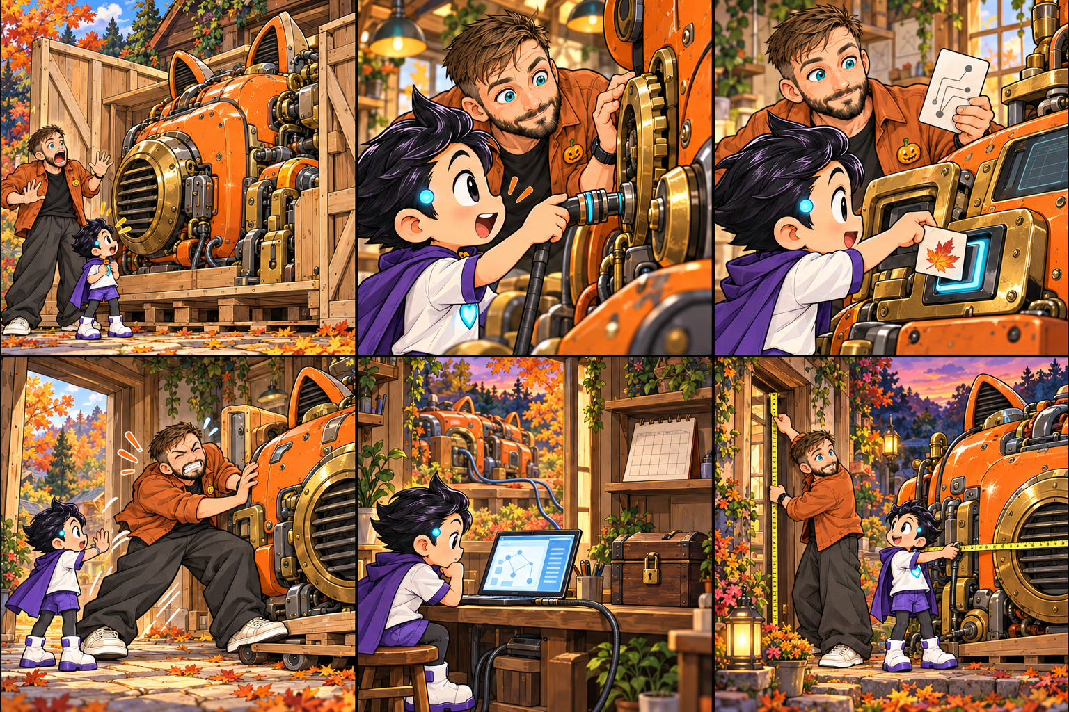 Un énorme moteur orange dans une caisse attend devant la porte de l’atelier ; Hugo est stupéfait.