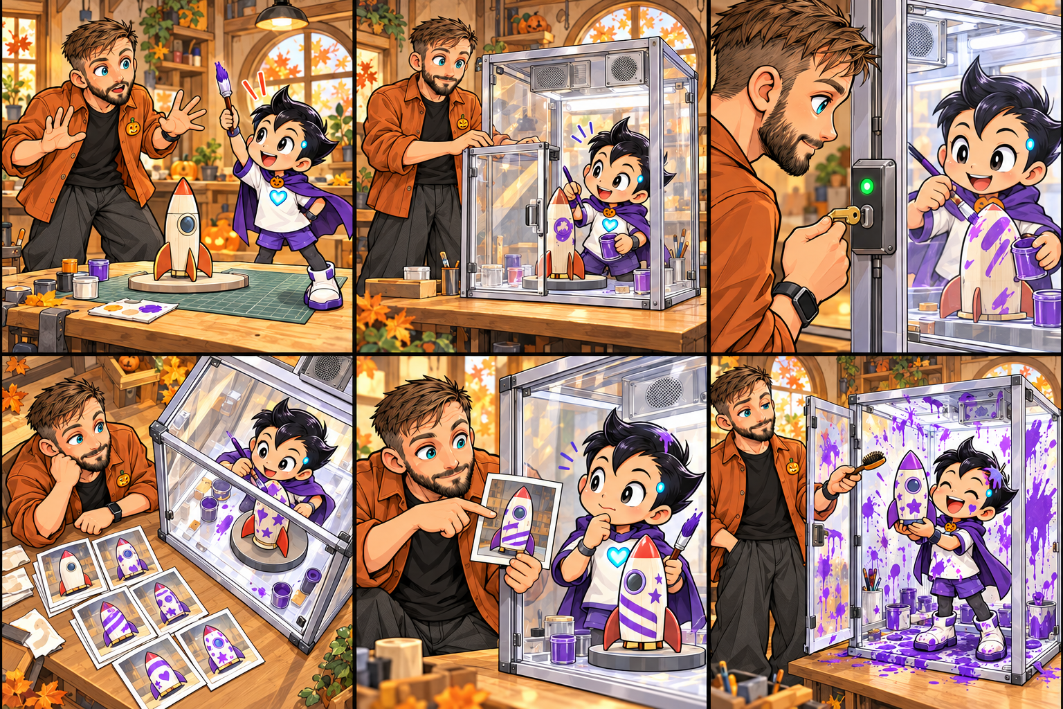 iAstro agite un pinceau violet au-dessus de l’établi ; Hugo regarde la peinture avec inquiétude.